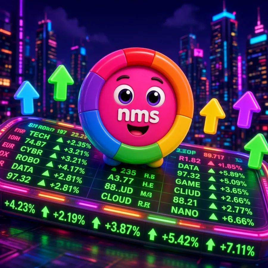 The rainbow nms coin mascot standing on a glowing neon ticker board full of green arrows