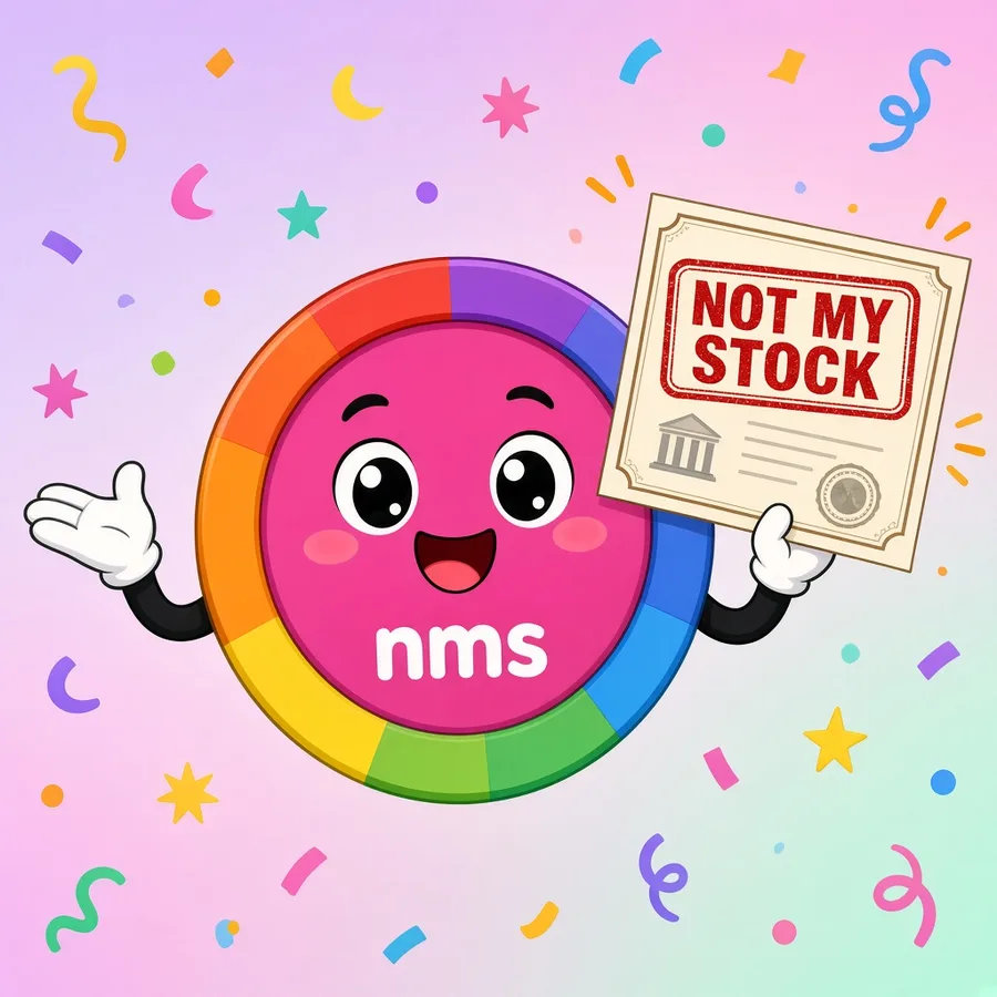 The rainbow nms mascot holding a certificate stamped Not My Stock