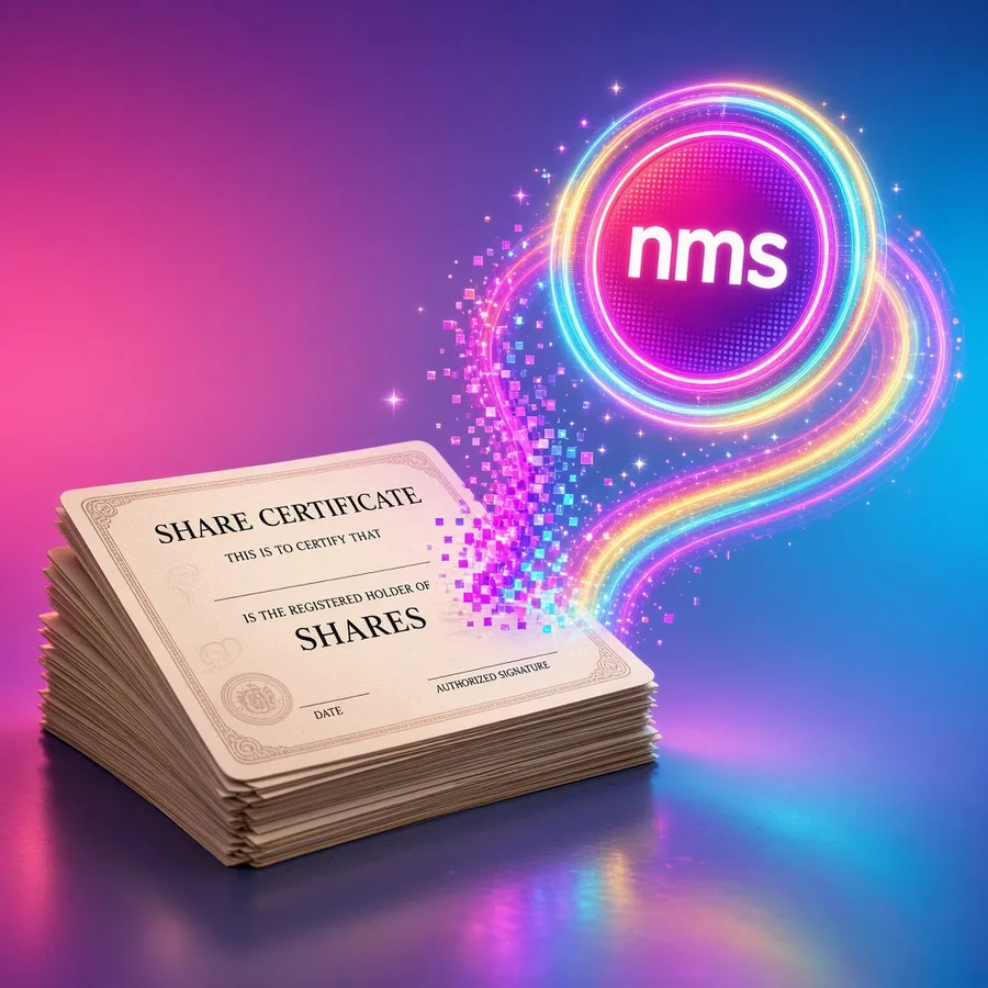 A stack of paper share certificates dissolving into a glowing rainbow nms token