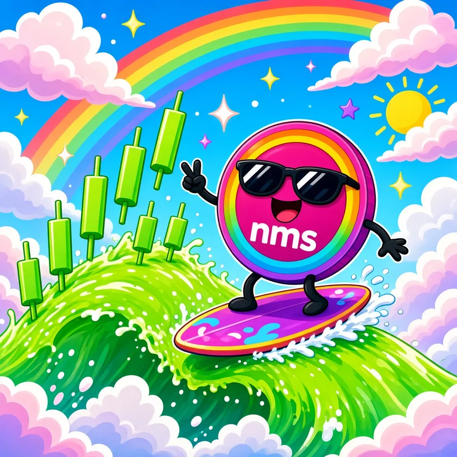 The nms mascot in sunglasses surfing a green candlestick wave under a rainbow