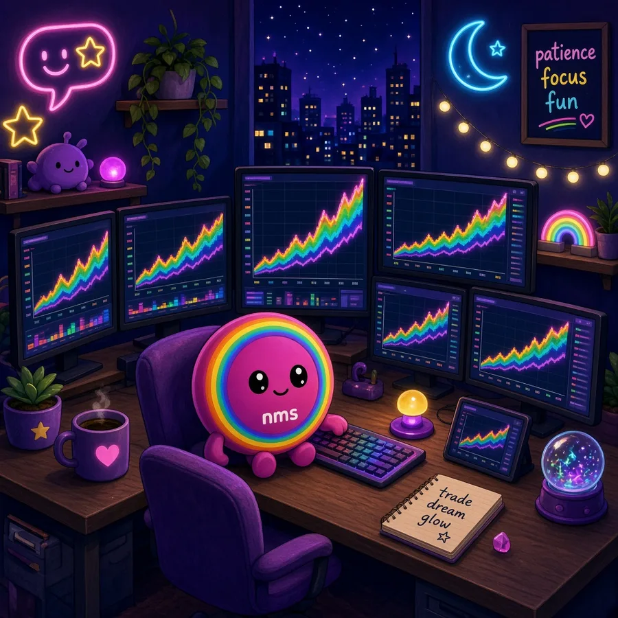 The nms mascot at a cozy desk full of monitors showing rainbow charts