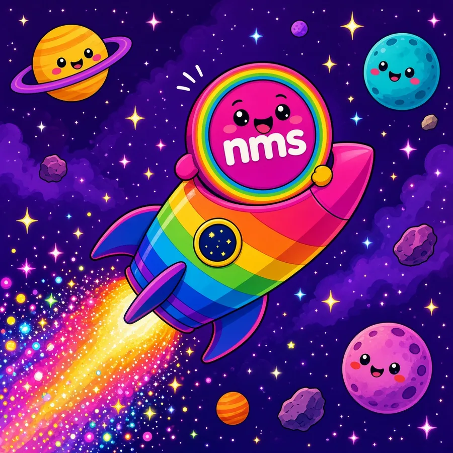 The nms mascot riding a rainbow striped rocket through a starry purple sky