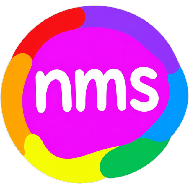 Not My Stock logo: a vibrant multicolored circle of red, purple, blue, green, yellow and orange around a magenta center with the white letters nms